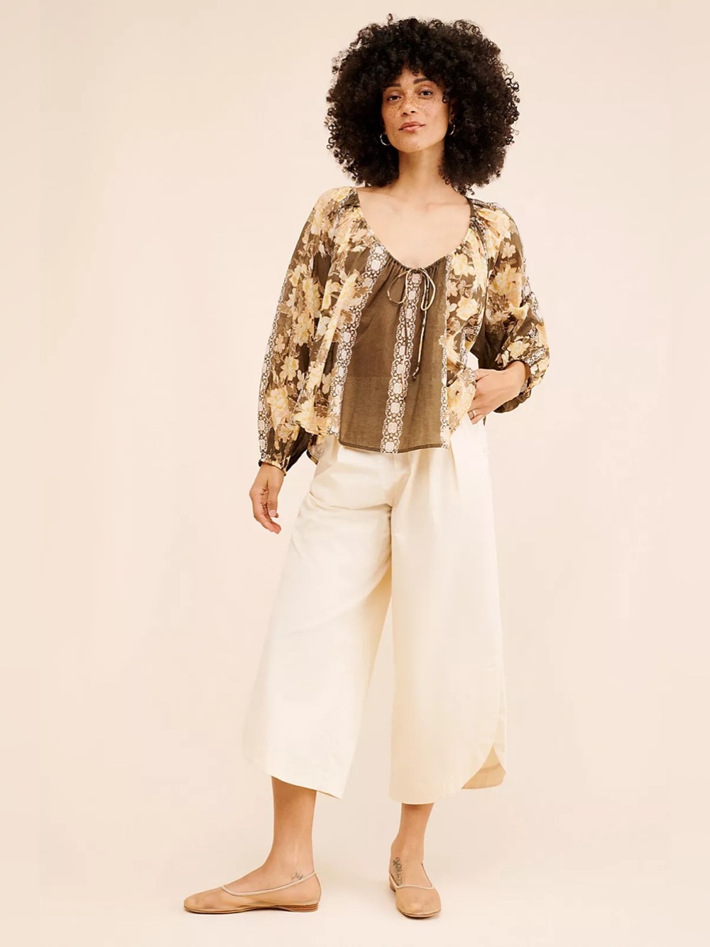 1023. FREE PEOPLE Elena Printed Billowy Top in Cocoa Combo Sz S NWOT $128